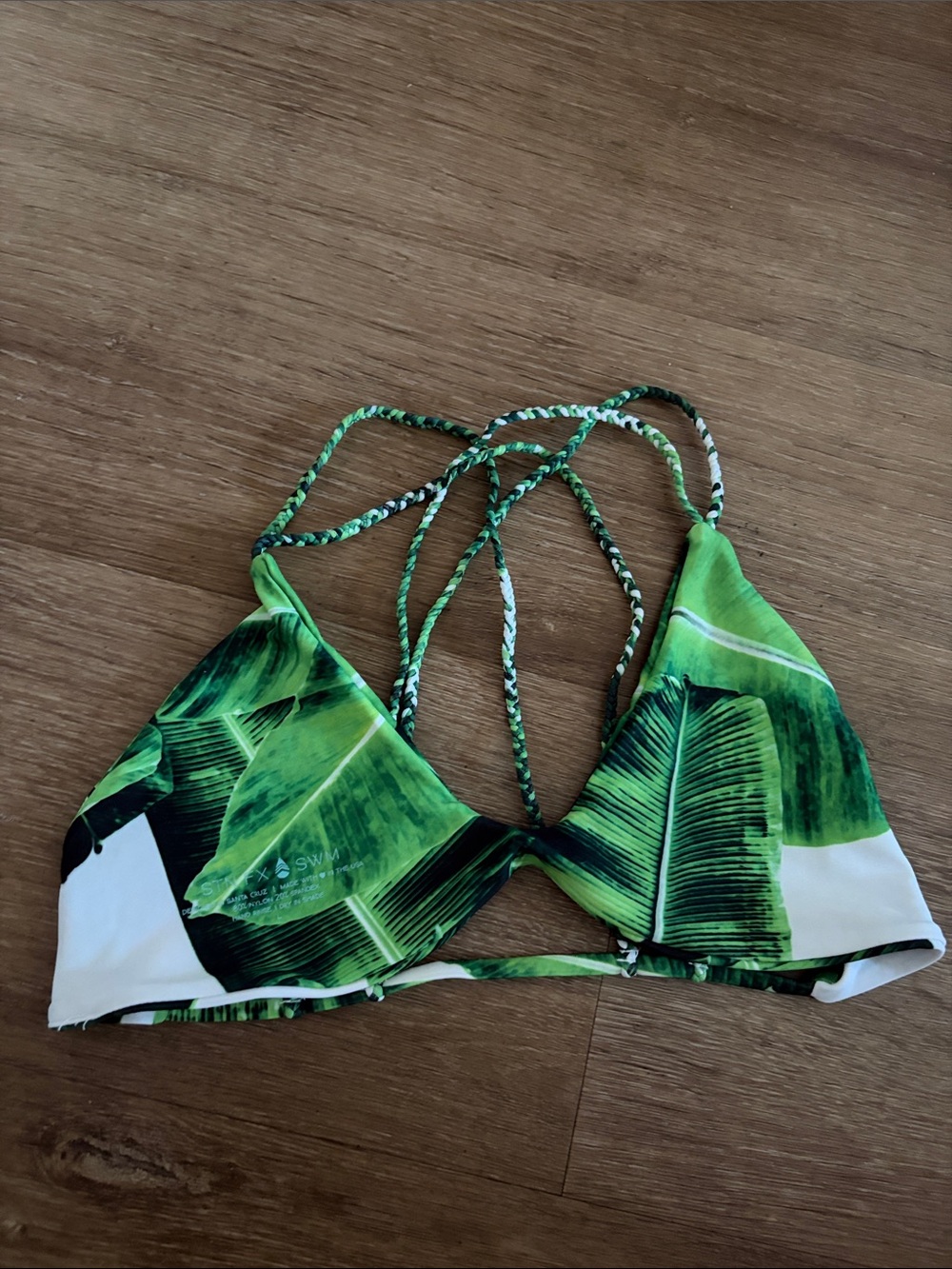 Green Leaf Print Strappy Bikini Top